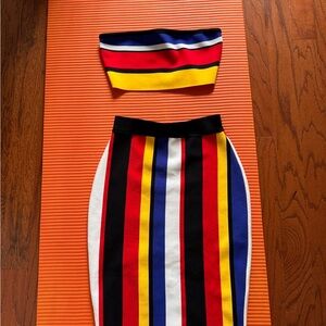 Fashion Nova M Colorful Striped Two-Piece Set - Red, Yellow, Blue, Black, White